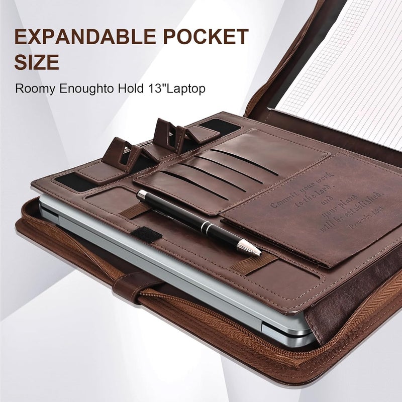 SLEVIO TIMER Leather Portfolio for Men, Christian Religious Gifts for Men with Laptop Pocket, Padfolio Binder Folder with Zipper for Women, Business Large Organizer Case for Bible Notebook Notepad Phone (Brown) - Image 3